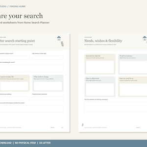 以下が含まれることがあります： Buyer Paper Studioの「Prepare your search」と題された2枚の白いワークシート。左のページは「Our search starting point」で、世帯、日付、ニーズの記入欄があります。右のページは「Needs, wishes & flexibility」で、4つのラベル付きボックスがあります。