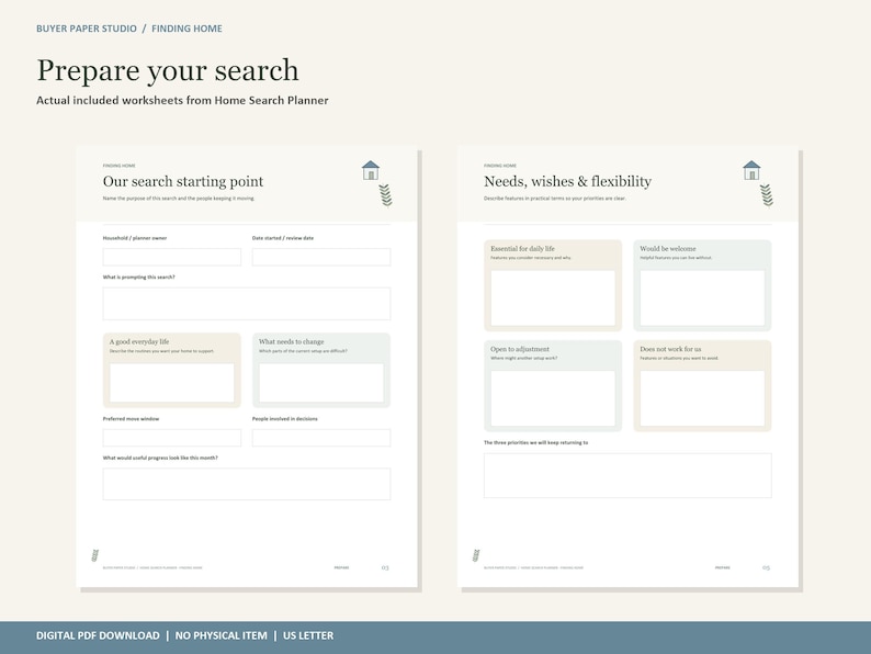 以下が含まれることがあります： Buyer Paper Studioの「Prepare your search」と題された2枚の白いワークシート。左のページは「Our search starting point」で、世帯、日付、ニーズの記入欄があります。右のページは「Needs, wishes & flexibility」で、4つのラベル付きボックスがあります。