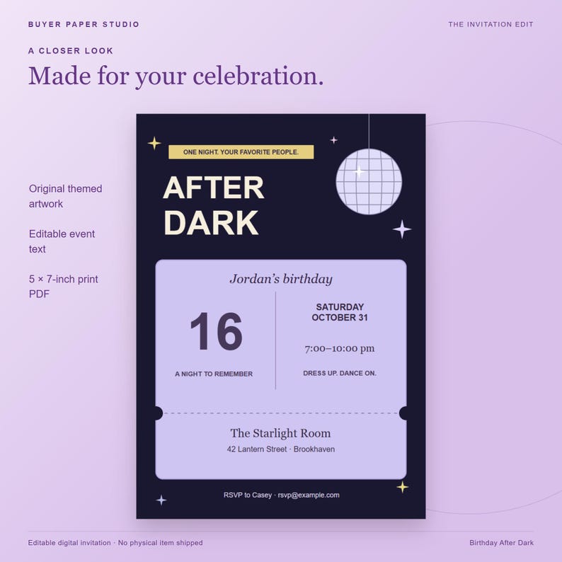 Birthday After Dark Disco Invitation, Editable Browser Template, 5x7 Print and Phone Design image 2