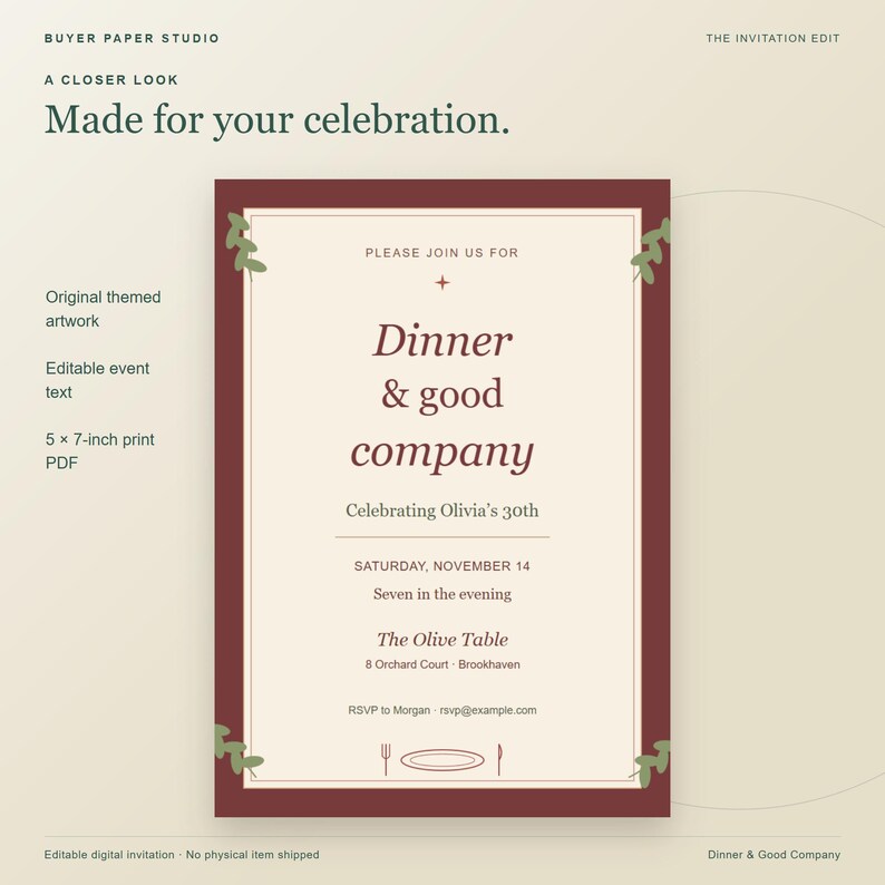 Dinner and Good Company Birthday Invitation, Editable Browser Template, Print and Phone Design image 2