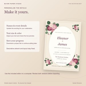 May include: A digital wedding invitation template featuring a cream background with floral illustrations in shades of pink, burgundy, and green. The design includes an oval frame for text, with instructions for personalizing names, event details, and colors.