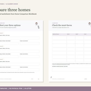 Peut inclure: Deux feuilles de travail blanches intitul&eacute;es Compare three homes du Home Comparison Workbook. La page de gauche comprend des sections pour Home A, B et C avec des champs pour l'adresse, la r&eacute;f&eacute;rence et les dates. La page de droite pr&eacute;sente une grille pour v&eacute;rifier les must-haves.