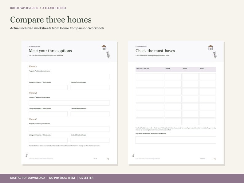 Peut inclure: Deux feuilles de travail blanches intitul&eacute;es Compare three homes du Home Comparison Workbook. La page de gauche comprend des sections pour Home A, B et C avec des champs pour l'adresse, la r&eacute;f&eacute;rence et les dates. La page de droite pr&eacute;sente une grille pour v&eacute;rifier les must-haves.