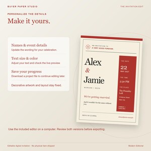 May include: A digital wedding invitation template featuring a cream background with dark red accents. The text reads "Alex & Jamie," "A Very Good Forever," and "The Foundry Loft." It includes instructions for personalizing names, event details, text size, and color.