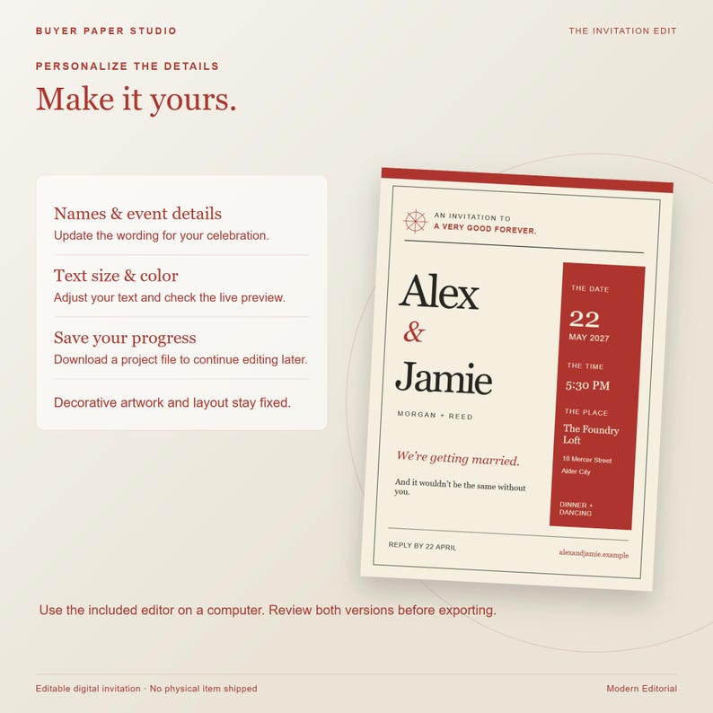 May include: A digital wedding invitation template featuring a cream background with dark red accents. The text reads "Alex & Jamie," "A Very Good Forever," and "The Foundry Loft." It includes instructions for personalizing names, event details, text size, and color.