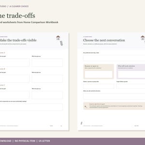 Peut inclure: Deux feuilles de travail blanches du Home Comparison Workbook intitul&eacute;es See the trade-offs. La page de gauche inclut des sections pour Home A, B et C pour lister les gains et compromis. La page de droite contient des champs pour les &eacute;tapes.