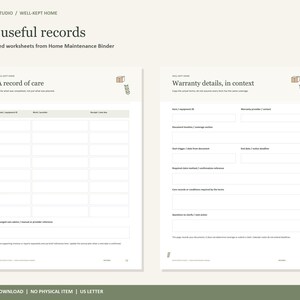 May include: Two white digital worksheets titled A record of care and Warranty details, in context. The forms feature organized tables and fields for tracking home maintenance tasks, equipment IDs, service providers, and warranty information.