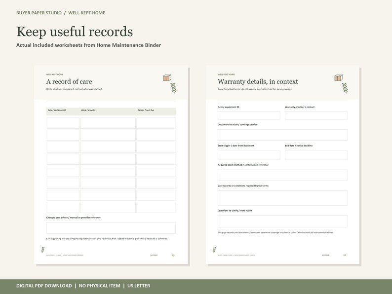 May include: Two white digital worksheets titled A record of care and Warranty details, in context. The forms feature organized tables and fields for tracking home maintenance tasks, equipment IDs, service providers, and warranty information.