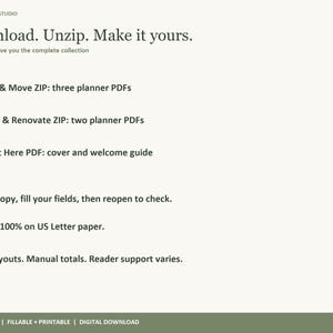May include: A digital instruction sheet from Buyer Paper Studio titled Download. Unzip. Make it yours. It lists three ZIP files containing planner PDFs, a welcome guide, and instructions to print at 100% on US Letter paper with fixed layouts.