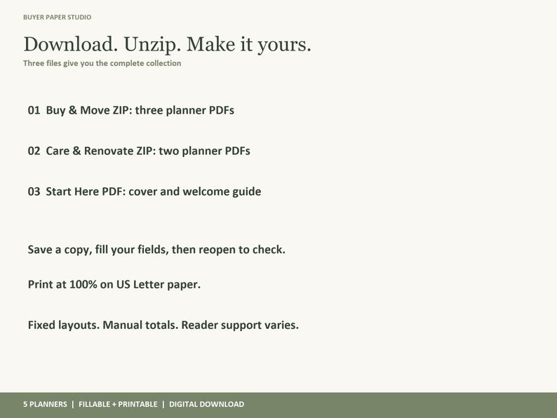 May include: A digital instruction sheet from Buyer Paper Studio titled Download. Unzip. Make it yours. It lists three ZIP files containing planner PDFs, a welcome guide, and instructions to print at 100% on US Letter paper with fixed layouts.