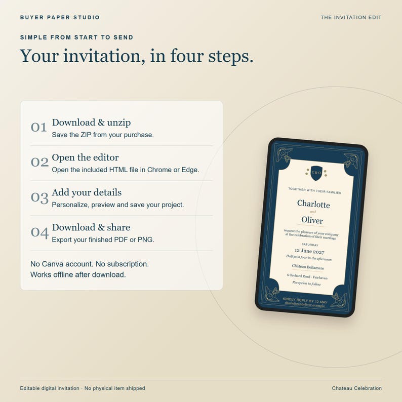 Chateau Celebration Elegant Wedding Invitation, Editable Browser Template, 5x7 Print and Phone Design image 5