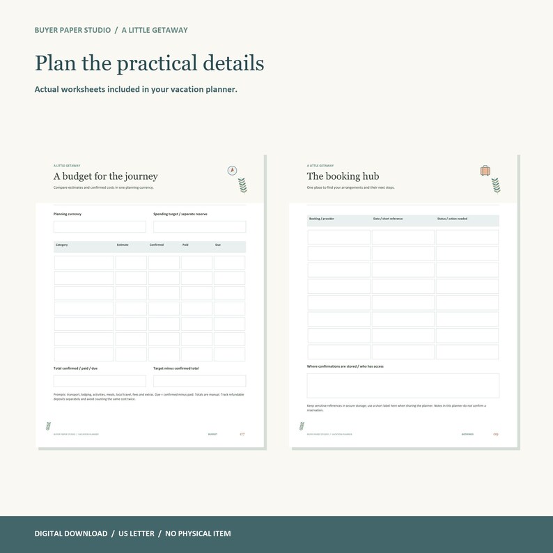 Vacation Planner, 30-Page Fillable PDF, Travel Itinerary, Packing Checklist & Trip Budget, A Little Getaway image 2
