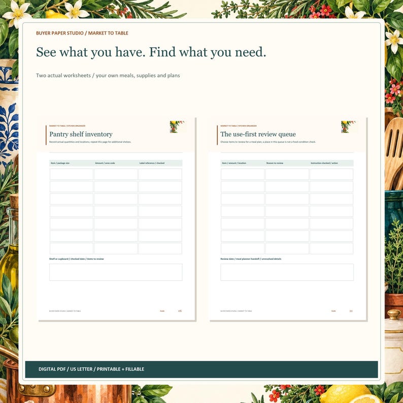Pu&ograve; includere: Due fogli di lavoro stampabili bianchi intitolati Pantry shelf inventory e The use-first review queue. Il testo recita: See what you have. Find what you need. Two actual worksheets / your own meals, supplies and plans. DIGITAL PDF / US LETTER / PRINTABLE + FILLABLE.