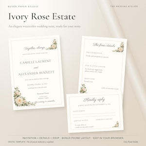 Ivory Rose Wedding Invitation Suite, Editable Browser Template with Details and RSVP Cards