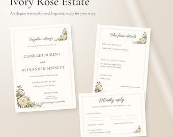 Ivory Rose Wedding Invitation Suite, Editable Browser Template with Details and RSVP Cards