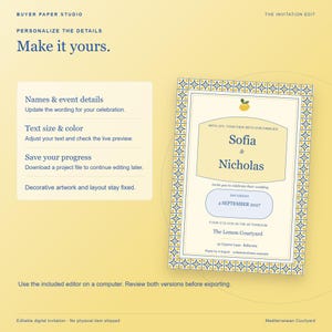 May include: A digital wedding invitation template on a pale yellow background featuring a blue and yellow geometric border, a small lemon icon, and customizable text fields for names, date, and location, labeled Buyer Paper Studio.