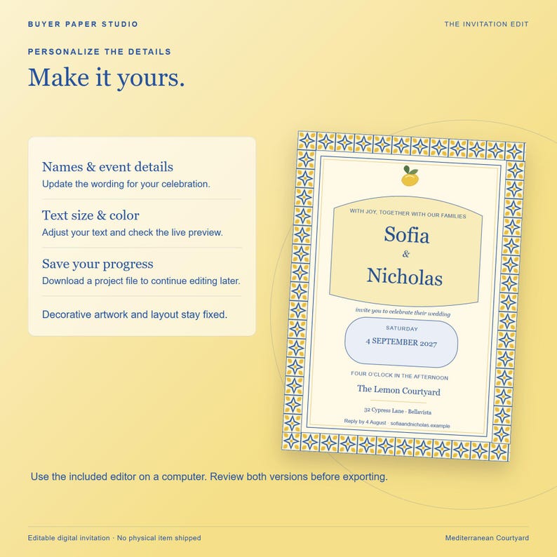 May include: A digital wedding invitation template on a pale yellow background featuring a blue and yellow geometric border, a small lemon icon, and customizable text fields for names, date, and location, labeled Buyer Paper Studio.