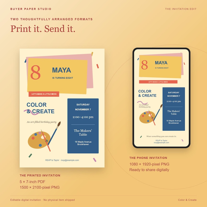 Invitación de cumpleaños para fiesta de arte con temática de colorear y crear, plantilla editable para navegador, diseño para imprimir y para móvil. imagen 3