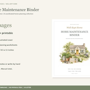 May include: A Home Maintenance Binder digital PDF with 24 fillable and printable pages in US Letter 8.5 x 11 inches format. The cover features an illustration of a house with a yellow door, garden, and books. Text includes Home Maintenance Binder.