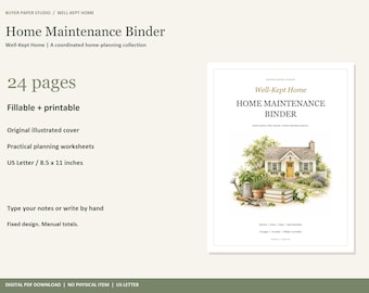Well-Kept Home Maintenance Binder, 24-Page Fillable PDF Planner (Digital Download)