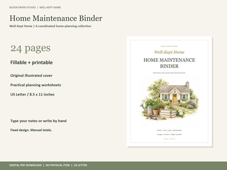 May include: A Home Maintenance Binder digital PDF with 24 fillable and printable pages in US Letter 8.5 x 11 inches format. The cover features an illustration of a house with a yellow door, garden, and books. Text includes Home Maintenance Binder.