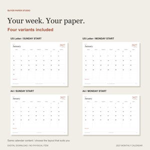 Actual January pages for all four variants: US Letter Sunday, US Letter Monday, A4 Sunday and A4 Monday starts. The same calendar content in four layouts.