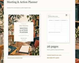 Planificador de reuniones y acciones, PDF rellenable de 26 páginas, organizador de agenda y seguimiento.