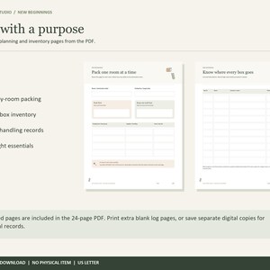 May include: A digital PDF planning document titled Pack with a purpose, featuring two white pages with black text and grid lines. The pages include sections for room-by-room packing, master box inventory, special handling, and first-night essentials.