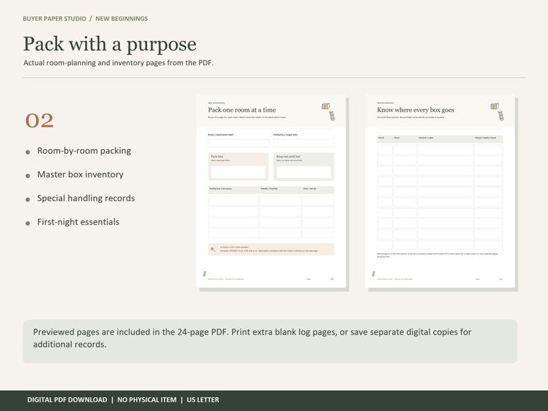 May include: A digital PDF planning document titled Pack with a purpose, featuring two white pages with black text and grid lines. The pages include sections for room-by-room packing, master box inventory, special handling, and first-night essentials.