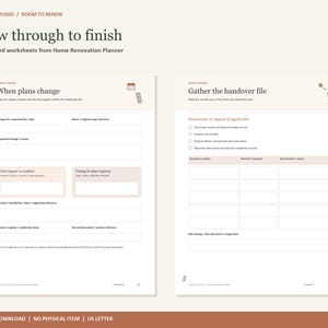 May include: Two white digital worksheets from a Home Renovation Planner titled Follow through to finish. The left page is titled When plans change with fields for change requests and cost impacts. The right page is titled Gather the handover file.