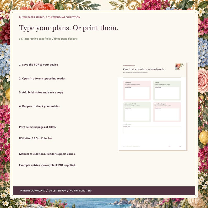 Honeymoon Planner, 24-Page Fillable PDF, Floral Printable Wedding Organizer image 4
