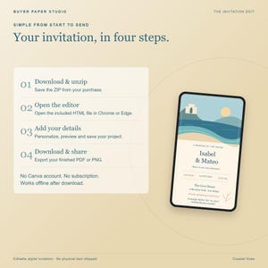 Invitación de boda con temática costera, plantilla editable para navegador, diseño para impresión y móvil de 5x7 pulgadas. imagen 5