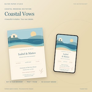 Invitación de boda con temática costera, plantilla editable para navegador, diseño para impresión y móvil de 5x7 pulgadas. imagen 1