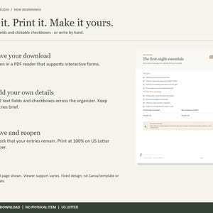 May include: A digital PDF download titled New Beginnings featuring instructions to type, print, and customize. The document includes three steps for using fillable text fields and checkboxes, displayed on a US Letter page layout with a beige background.