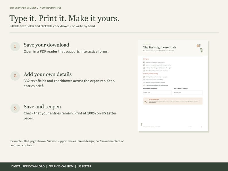 May include: A digital PDF download titled New Beginnings featuring instructions to type, print, and customize. The document includes three steps for using fillable text fields and checkboxes, displayed on a US Letter page layout with a beige background.