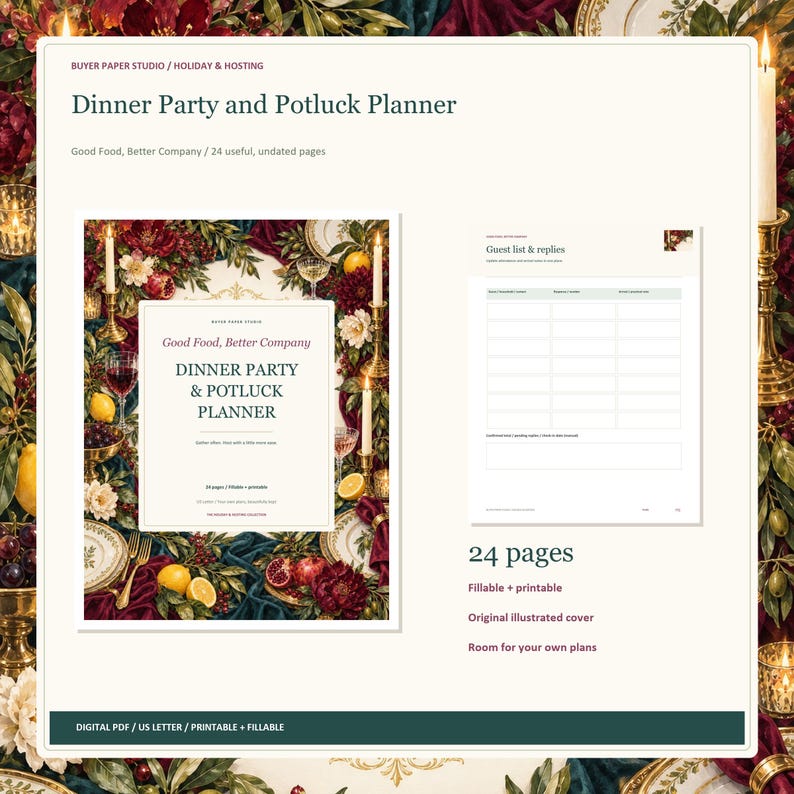 Dinner Party and Potluck Planner, 24-Page Fillable Printable PDF image 1