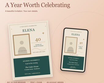A Year Worth Celebrating Photo Birthday Invitation, Editable Browser Template, Print and Phone Design