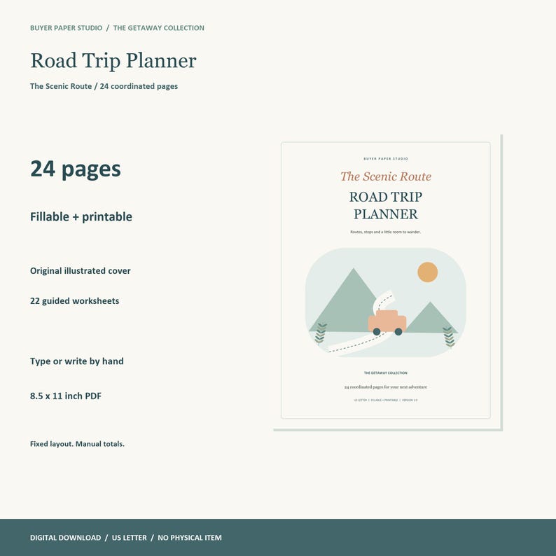 Road Trip Planner, 24-Page Fillable PDF, The Scenic Route, Printable Travel Organizer image 1