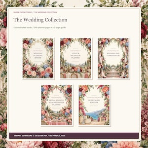 May include: A set of five coordinated wedding planner books titled The Wedding Collection, featuring 140 pages and a 2-page guide. Each cover displays floral illustrations and specific titles including Wedding Planning Binder, Guest & Reception Planner, Wedding Day Coordinator, Bridal Shower & Bachelorette Planner, and Honeymoon Planner.