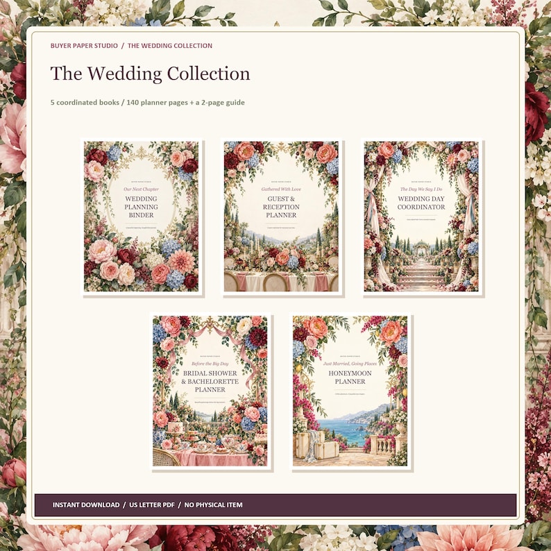 May include: A set of five coordinated wedding planner books titled The Wedding Collection, featuring 140 pages and a 2-page guide. Each cover displays floral illustrations and specific titles including Wedding Planning Binder, Guest & Reception Planner, Wedding Day Coordinator, Bridal Shower & Bachelorette Planner, and Honeymoon Planner.