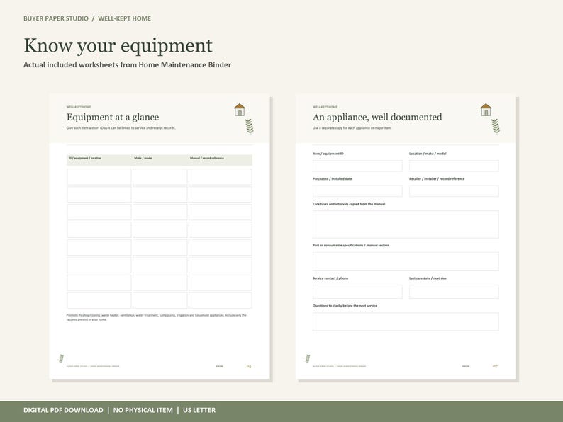 May include: Two white worksheets titled Know your equipment, Equipment at a glance, and An appliance, well documented. These forms feature tables and fields for tracking home maintenance details, including equipment ID, purchase date, and service contacts.