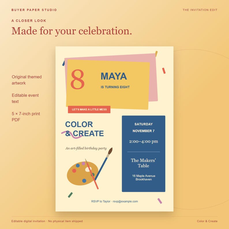 Invitación de cumpleaños para fiesta de arte con temática de colorear y crear, plantilla editable para navegador, diseño para imprimir y para móvil. imagen 2