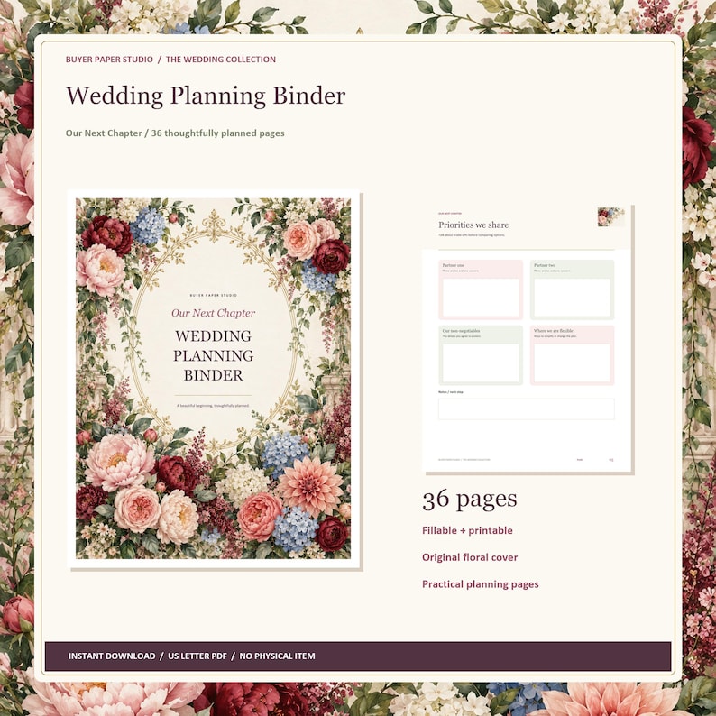 Wedding Planning Binder, 36-Page Fillable PDF, Floral Printable Wedding Organizer image 1