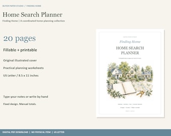 Home Search Planner, 20-Page Fillable PDF, Watercolor Cover Art (Digital Download)