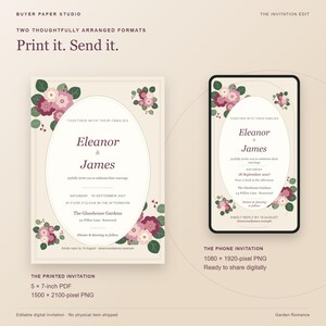 May include: A digital wedding invitation set featuring a 5 by 7-inch printed format and a 1080 by 1920-pixel phone version. Both designs display a cream background with floral accents in shades of pink and green, surrounding an oval frame.