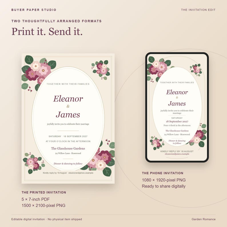 May include: A digital wedding invitation set featuring a 5 by 7-inch printed format and a 1080 by 1920-pixel phone version. Both designs display a cream background with floral accents in shades of pink and green, surrounding an oval frame.
