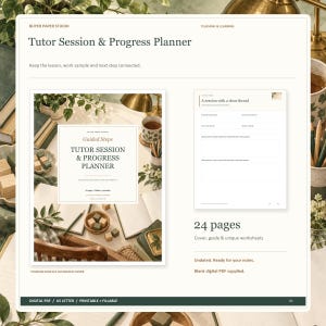 Puede incluir: Un planificador digital de sesiones y progreso para tutores con 24 páginas de hojas de trabajo imprimibles y rellenables. Incluye una portada ilustrada, una guía de sesión y plantillas sin fecha para tomar notas de seguimiento.