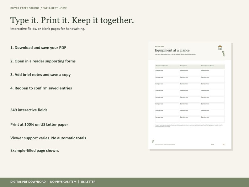 May include: A digital PDF document titled Equipment at a glance with interactive fields for home organization. The page features a table with columns for equipment, notes, and reference, alongside instructions for downloading, printing, and saving.
