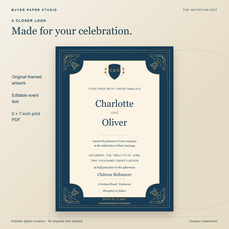 Chateau Celebration Elegant Wedding Invitation, Editable Browser Template, 5x7 Print and Phone Design image 2