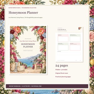 Honeymoon Planner, 24-Page Fillable PDF, Floral Printable Wedding Organizer image 1